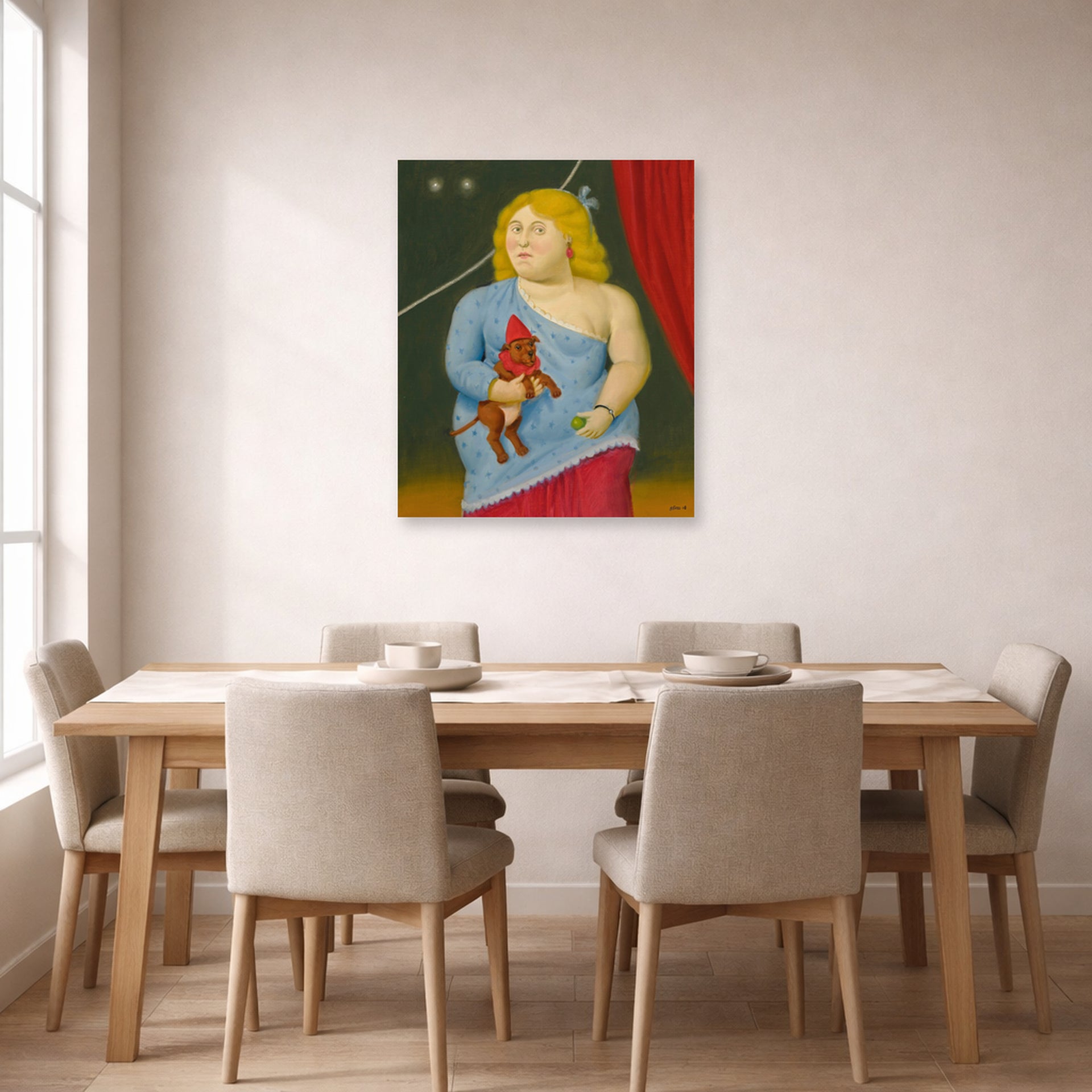Unframed poster print of Fernando Botero's Circus Woman with Dog displayed on a wall in a dining room