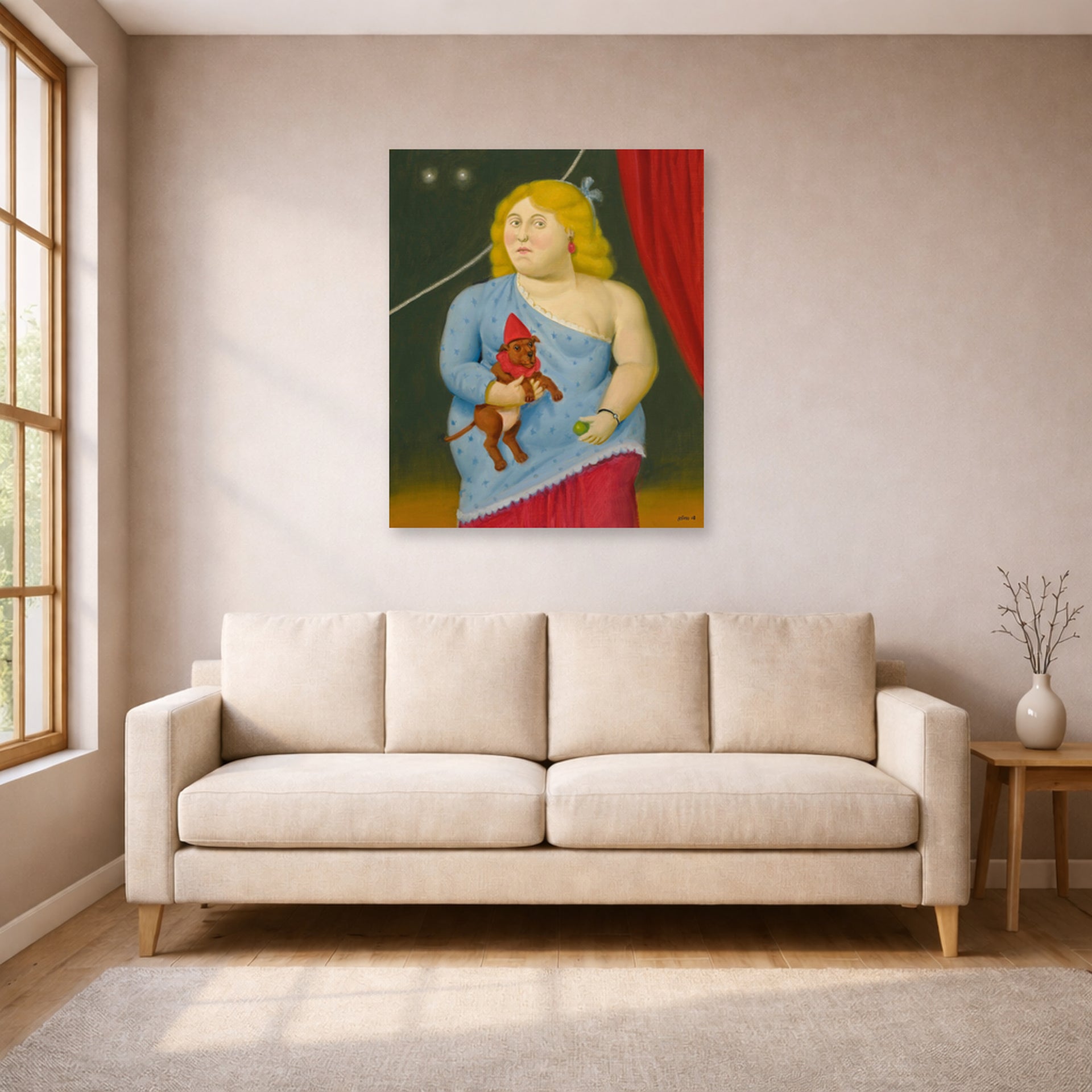 Unframed poster print of Fernando Botero's Circus Woman with Dog displayed on a wall in a living room