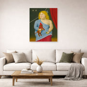 Unframed poster print of Fernando Botero's Circus Woman with Dog displayed on a wall in a living room