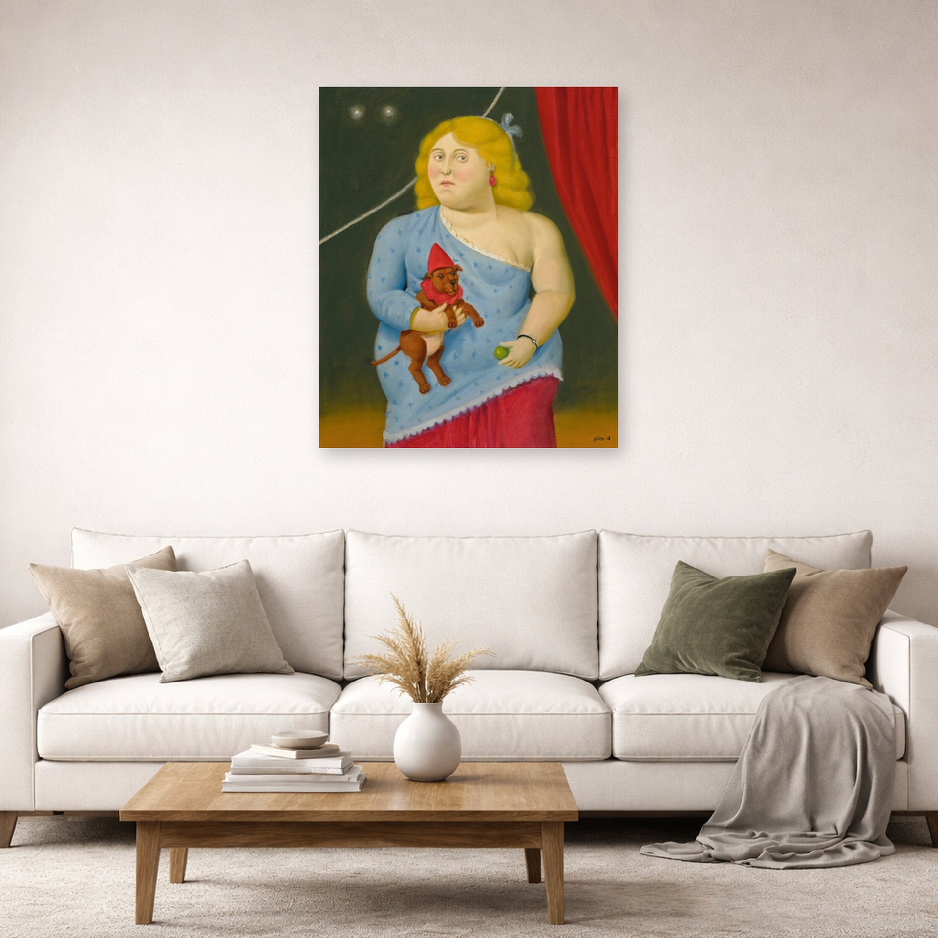 Unframed poster print of Fernando Botero's Circus Woman with Dog displayed on a wall in a living room