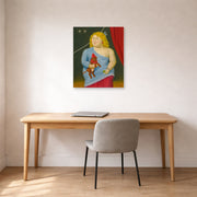 Unframed poster print of Fernando Botero's Circus Woman with Dog displayed on a wall in a home office