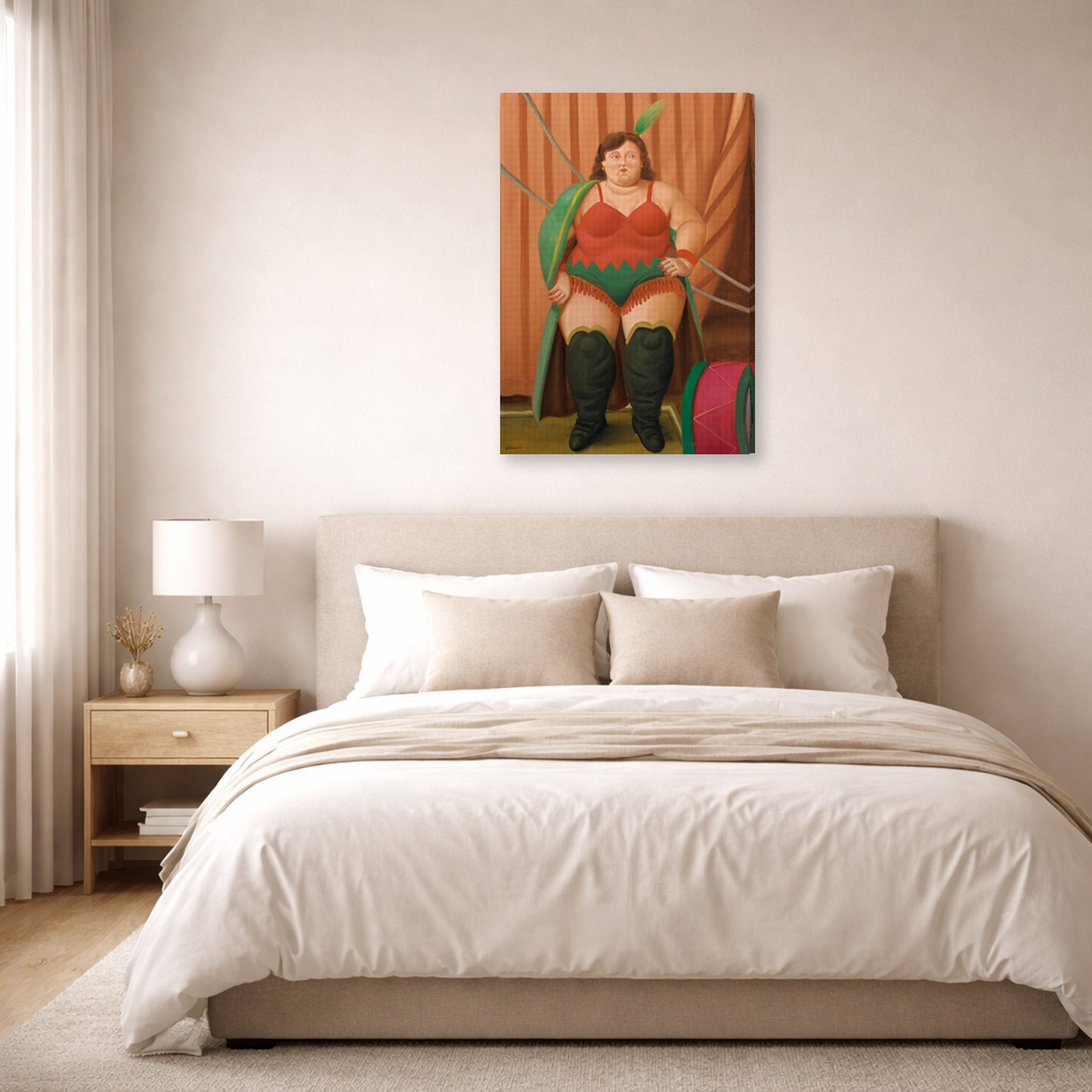 Gallery-wrapped canvas print of Fernando Botero's Circus Woman displayed on a wall in a bedroom