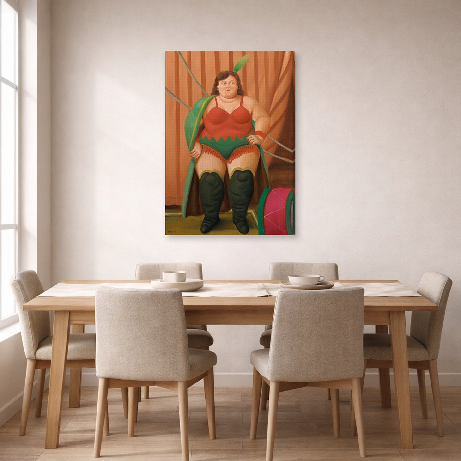Gallery-wrapped canvas print of Fernando Botero's Circus Woman displayed on a wall in a dining room