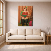Gallery-wrapped canvas print of Fernando Botero's Circus Woman displayed on a wall in a living room