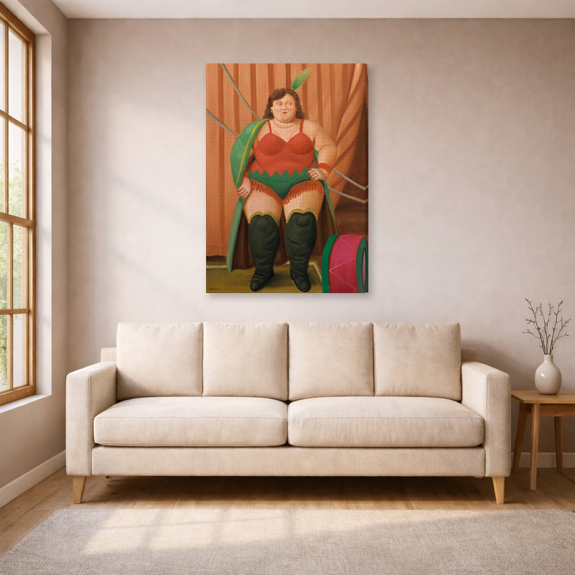Gallery-wrapped canvas print of Fernando Botero's Circus Woman displayed on a wall in a living room