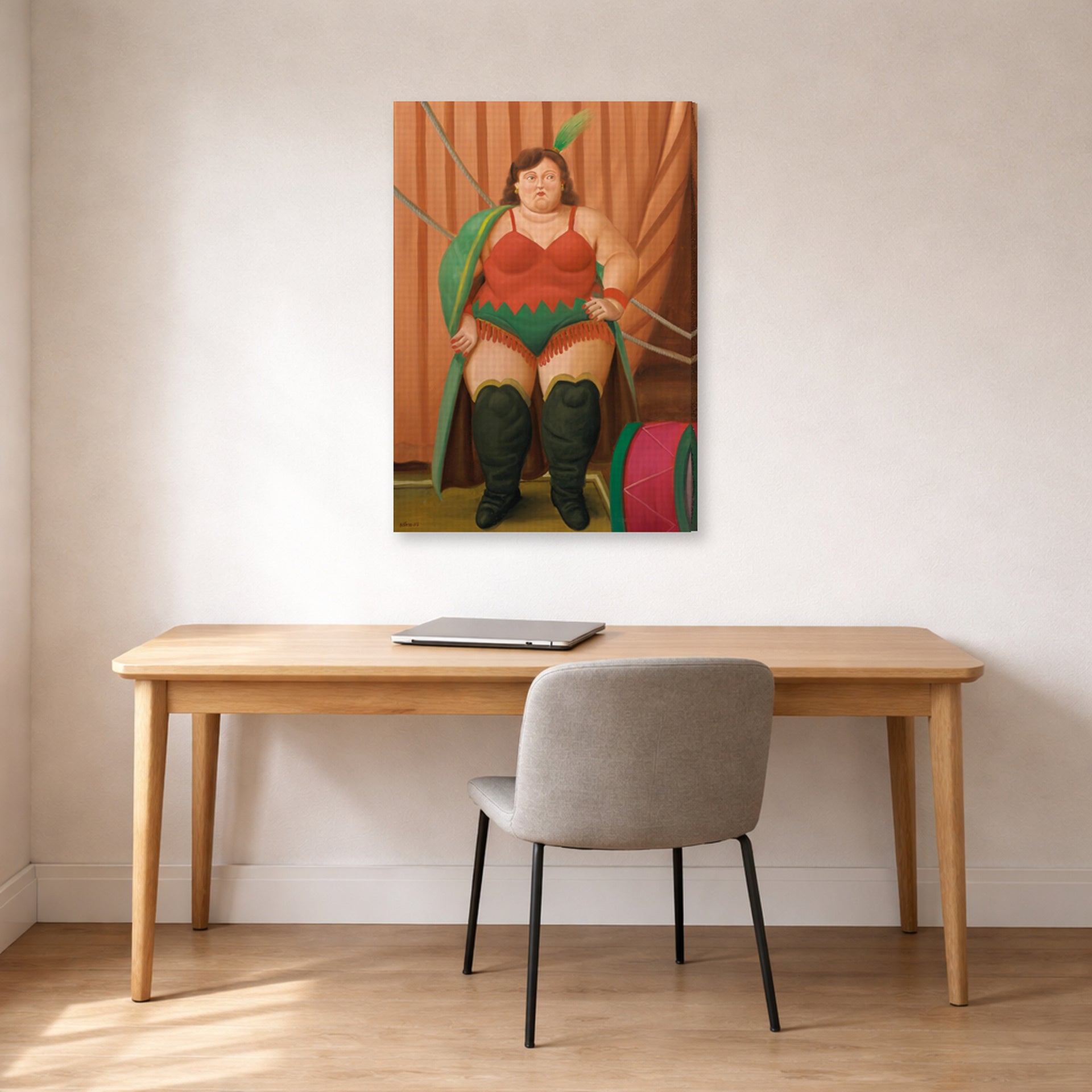 Gallery-wrapped canvas print of Fernando Botero's Circus Woman displayed on a wall in a home office