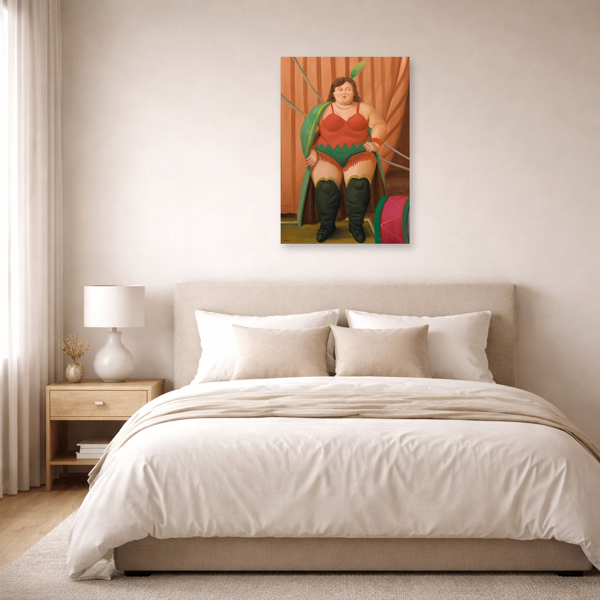 Unframed poster print of Fernando Botero's Circus Woman displayed on a wall in a bedroom