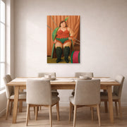 Unframed poster print of Fernando Botero's Circus Woman displayed on a wall in a dining room
