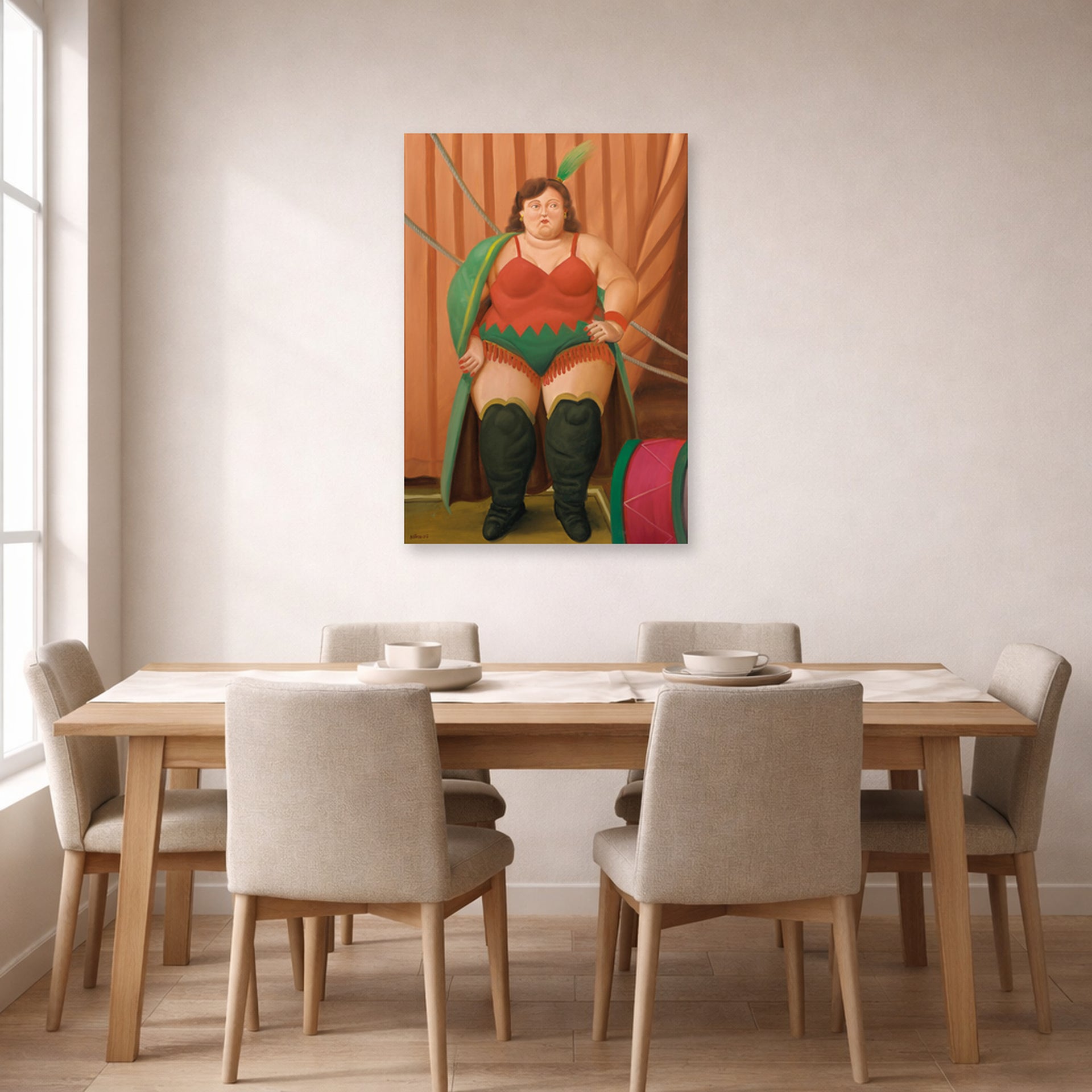 Unframed poster print of Fernando Botero's Circus Woman displayed on a wall in a dining room