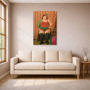 Unframed poster print of Fernando Botero's Circus Woman displayed on a wall in a living room