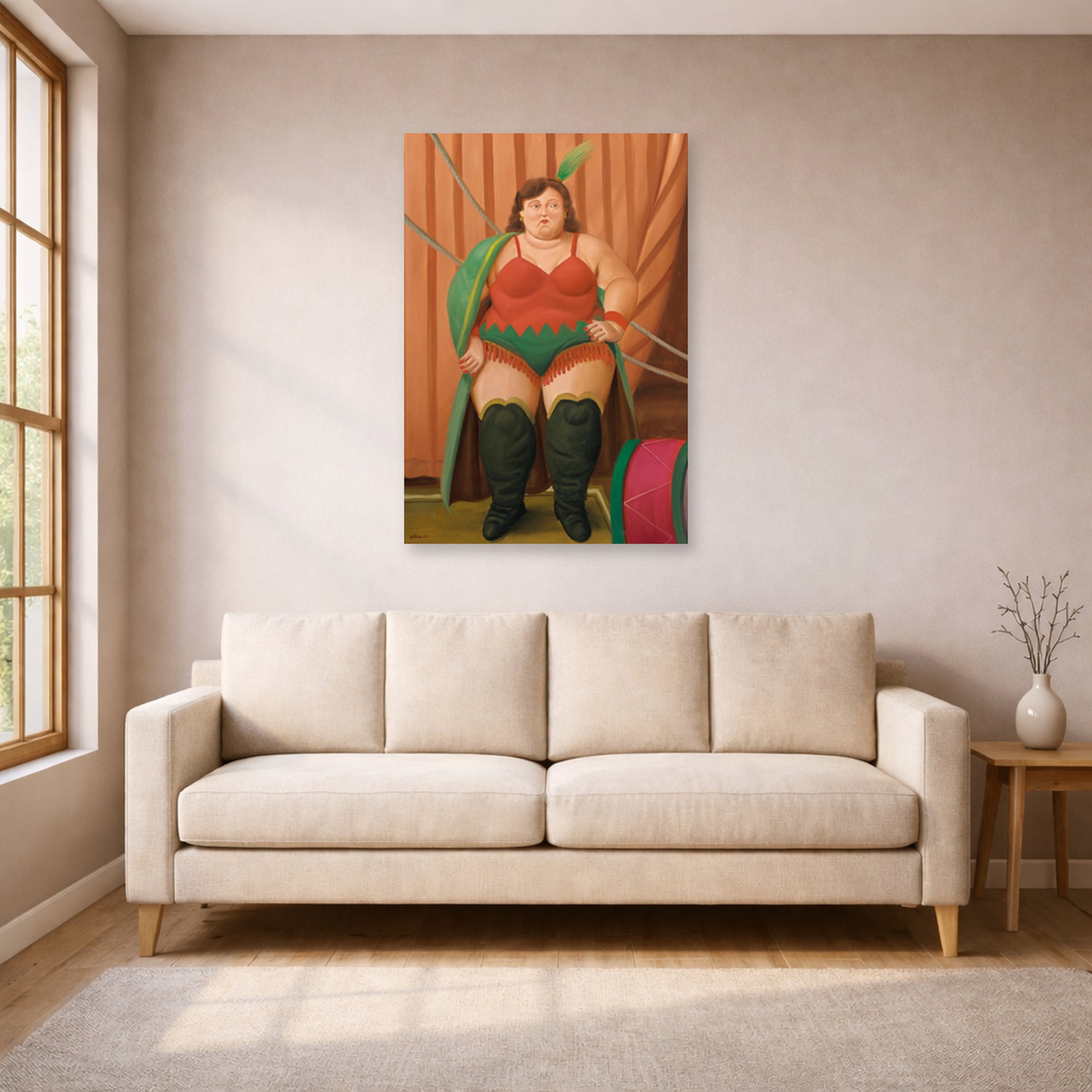 Unframed poster print of Fernando Botero's Circus Woman displayed on a wall in a living room