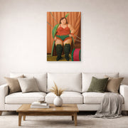 Unframed poster print of Fernando Botero's Circus Woman displayed on a wall in a living room