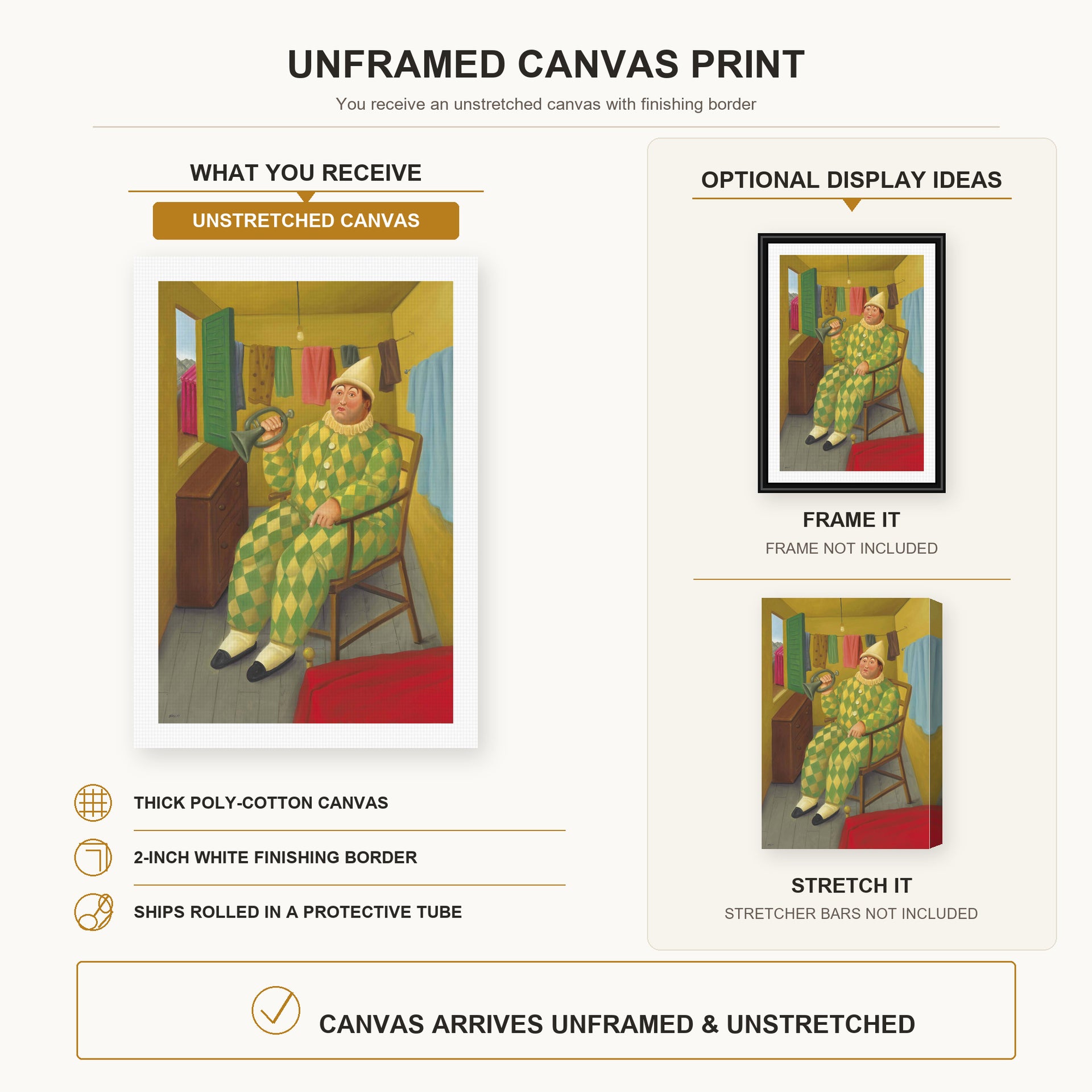 Fernando Botero - Clown in His Trailer canvas print size comparison and framing display infographic