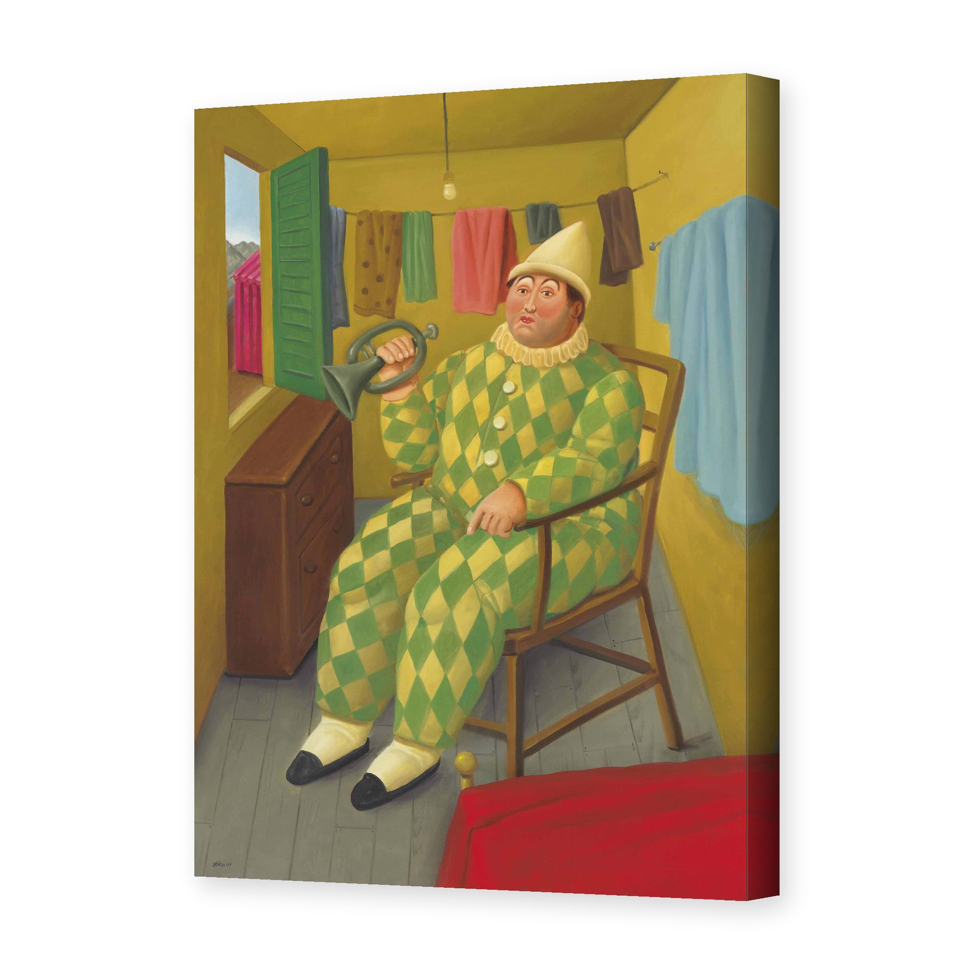 Fernando Botero's 'Clown in His Trailer' painting reproduced as a gallery-wrapped canvas print