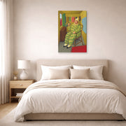 Gallery-wrapped canvas print of Fernando Botero's Clown in His Trailer displayed on a wall in a bedroom
