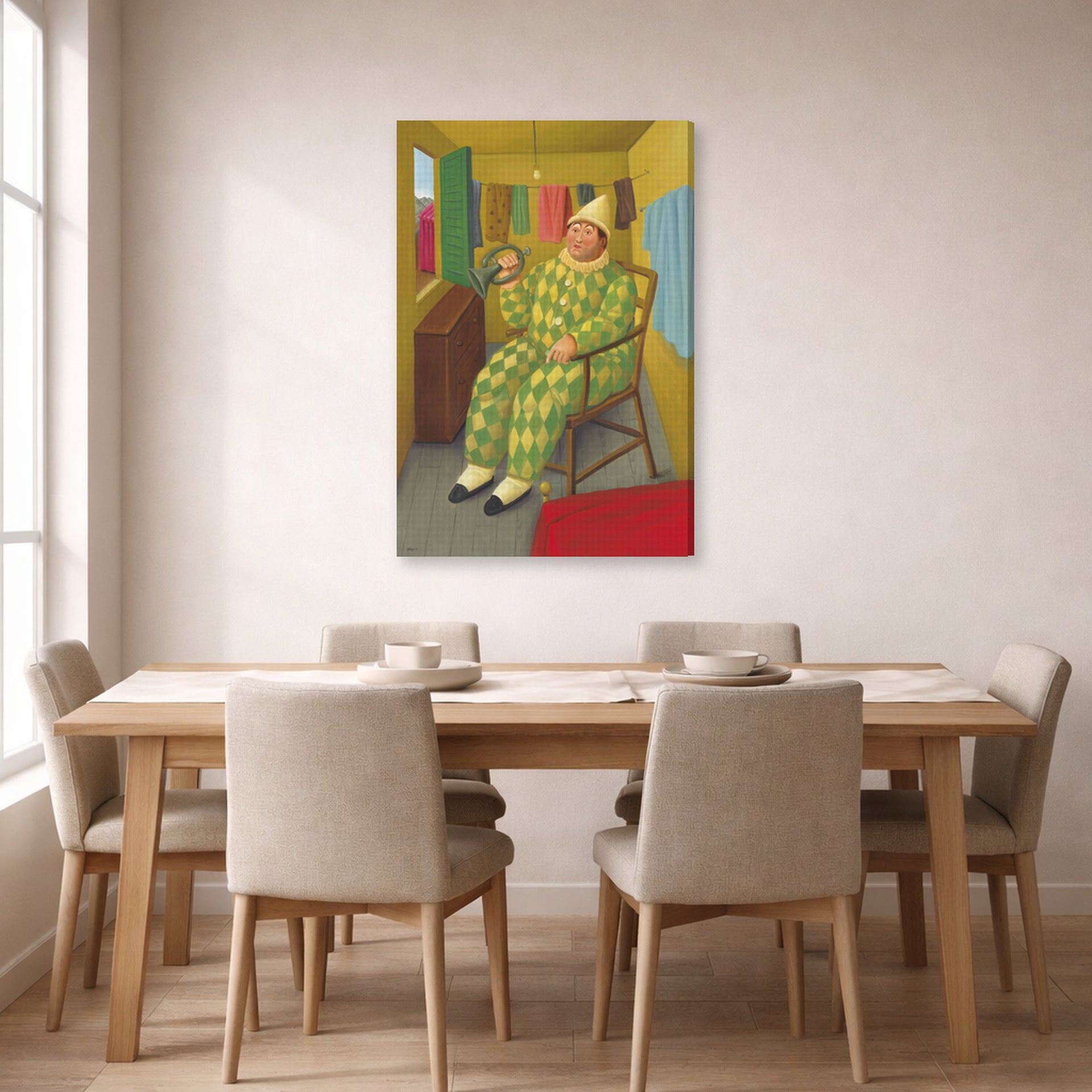 Gallery-wrapped canvas print of Fernando Botero's Clown in His Trailer displayed on a wall in a dining room