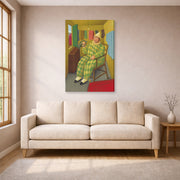 Gallery-wrapped canvas print of Fernando Botero's Clown in His Trailer displayed on a wall in a living room