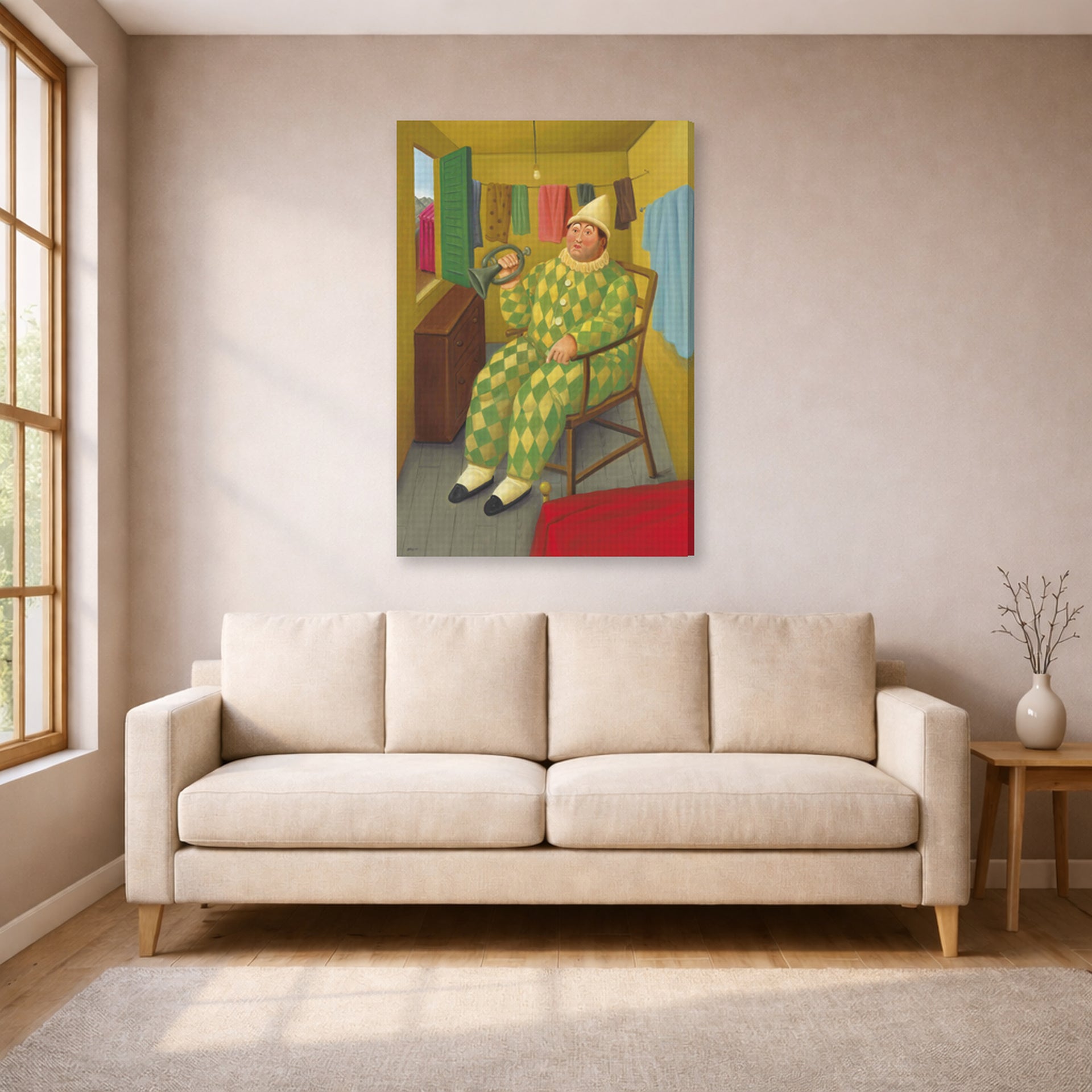 Gallery-wrapped canvas print of Fernando Botero's Clown in His Trailer displayed on a wall in a living room