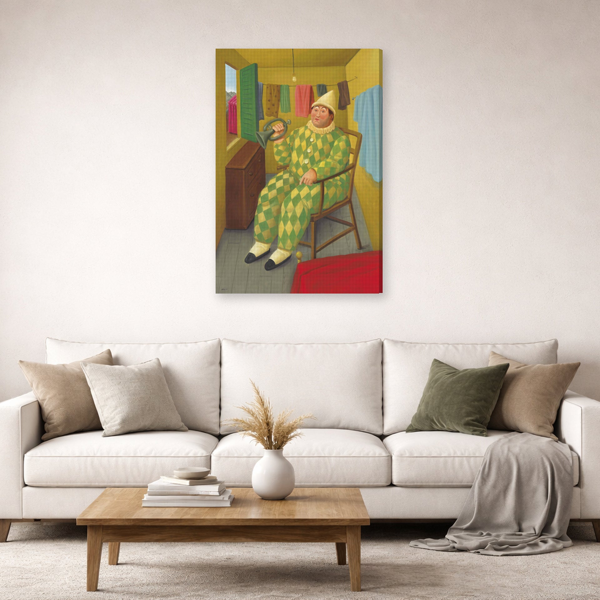Gallery-wrapped canvas print of Fernando Botero's Clown in His Trailer displayed on a wall in a living room
