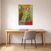 Gallery-wrapped canvas print of Fernando Botero's Clown in His Trailer displayed on a wall in a home office