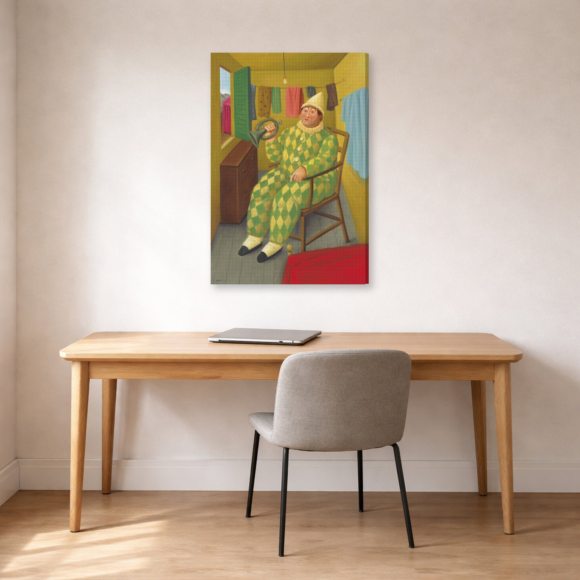 Gallery-wrapped canvas print of Fernando Botero's Clown in His Trailer displayed on a wall in a home office