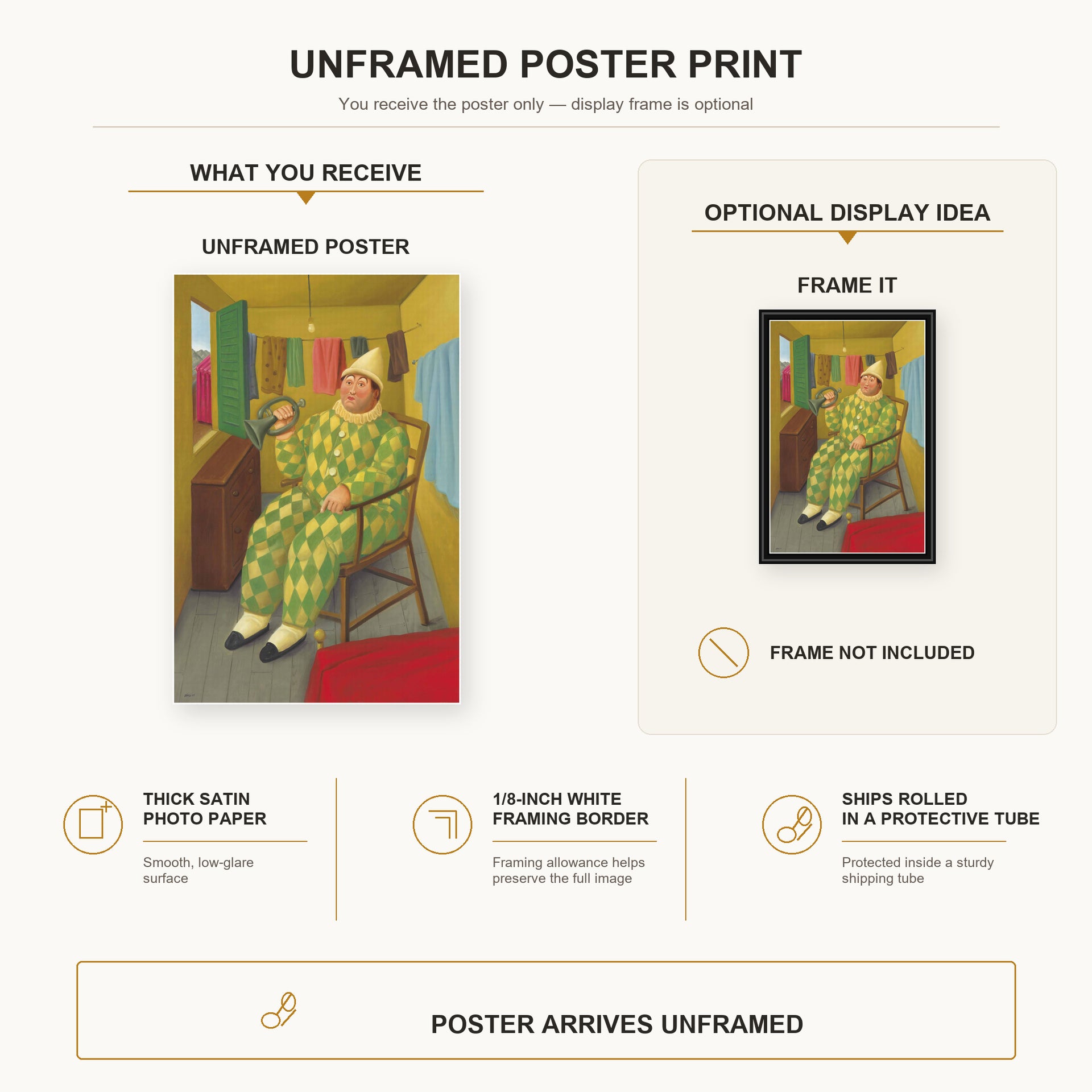 Fernando Botero - Clown in His Trailer poster print size comparison and framing display infographic