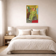 Unframed poster print of Fernando Botero's Clown in His Trailer displayed on a wall in a bedroom