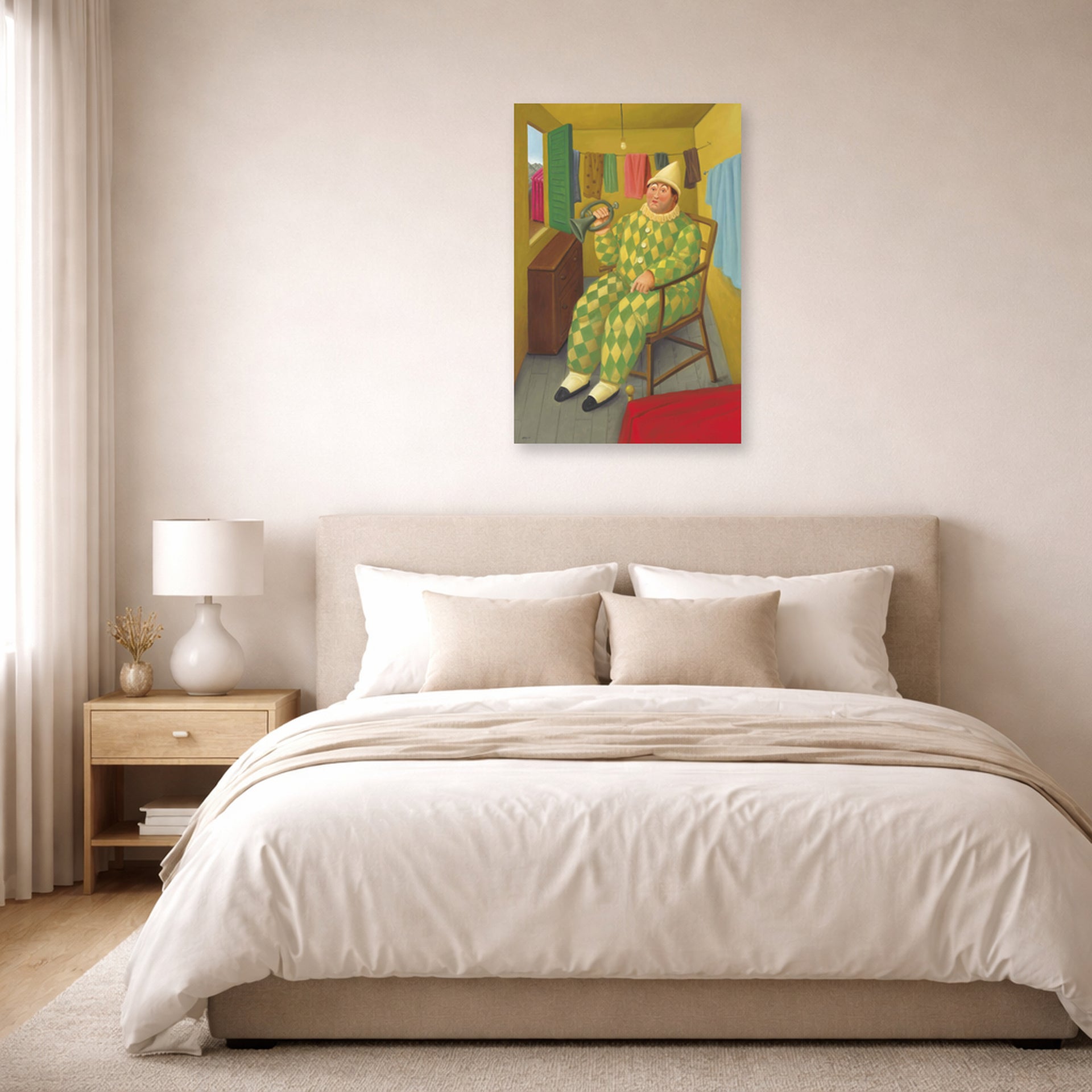 Unframed poster print of Fernando Botero's Clown in His Trailer displayed on a wall in a bedroom