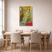Unframed poster print of Fernando Botero's Clown in His Trailer displayed on a wall in a dining room