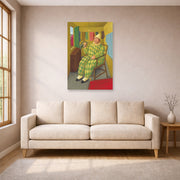 Unframed poster print of Fernando Botero's Clown in His Trailer displayed on a wall in a living room