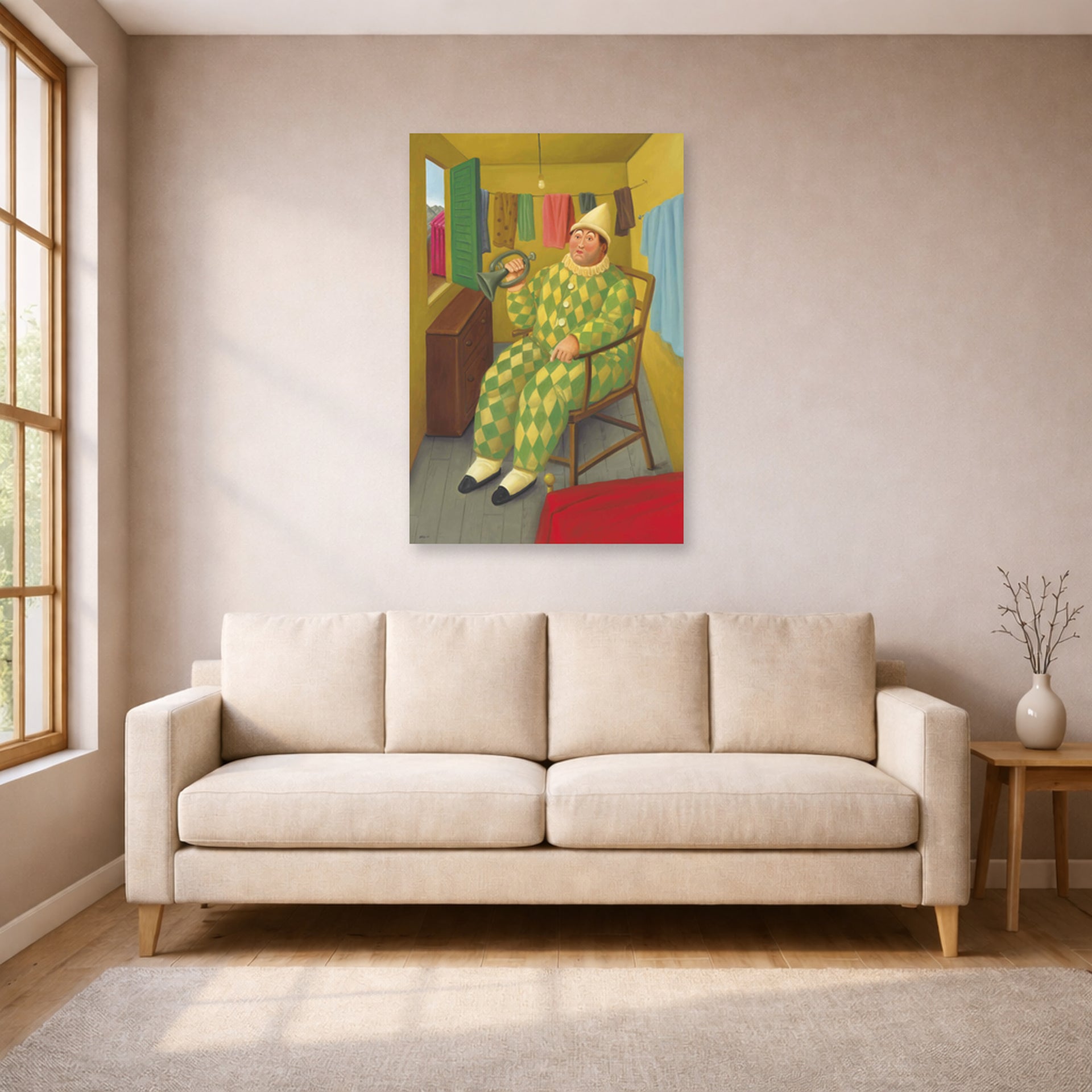 Unframed poster print of Fernando Botero's Clown in His Trailer displayed on a wall in a living room