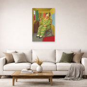 Unframed poster print of Fernando Botero's Clown in His Trailer displayed on a wall in a living room
