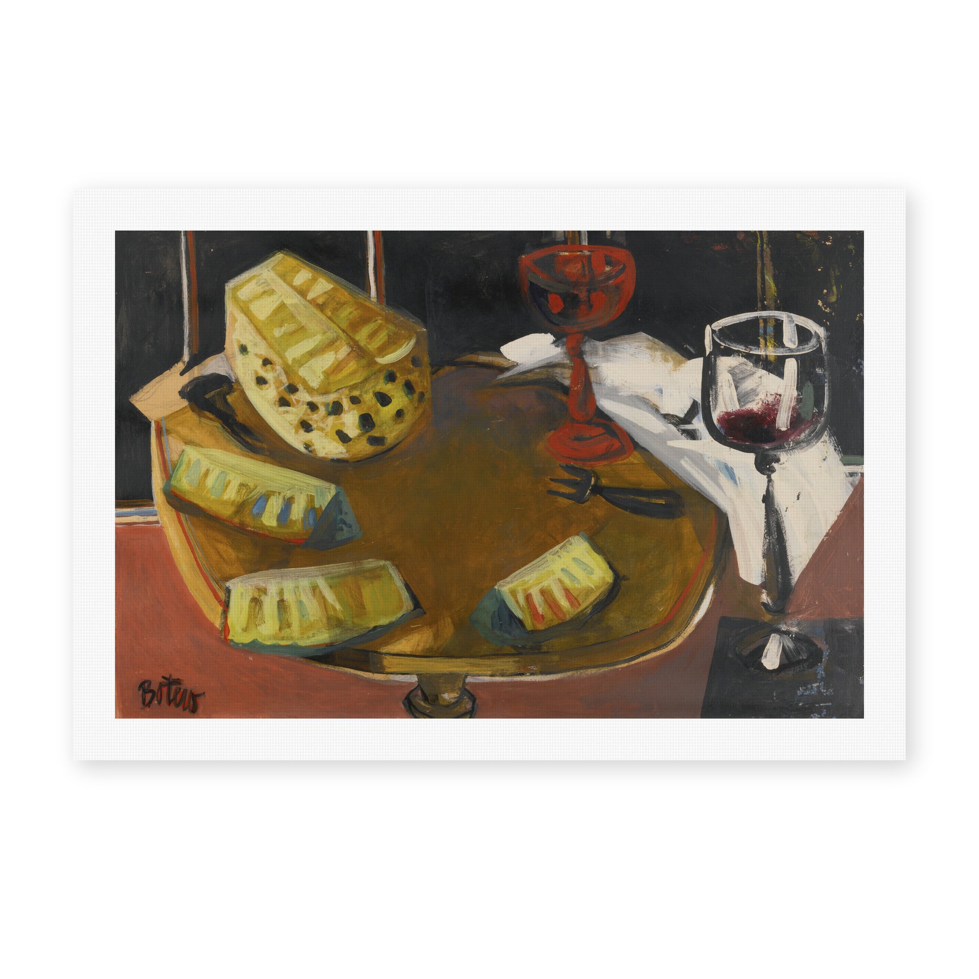 Fernando Botero's 'Composición Con Copa Y Piña' painting reproduced as a rolled canvas print