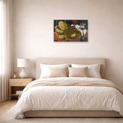 Gallery-wrapped canvas print of Fernando Botero's Composición Con Copa Y Piña displayed on a wall in a bedroom