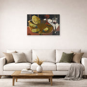 Gallery-wrapped canvas print of Fernando Botero's Composición Con Copa Y Piña displayed on a wall in a living room