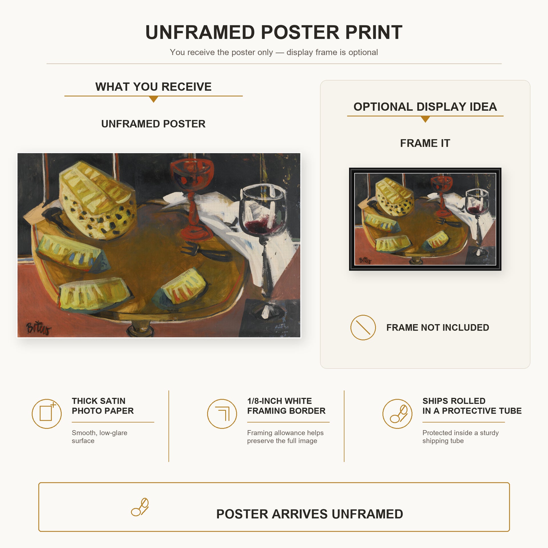 Fernando Botero - Composición Con Copa Y Piña poster print size comparison and framing display infographic