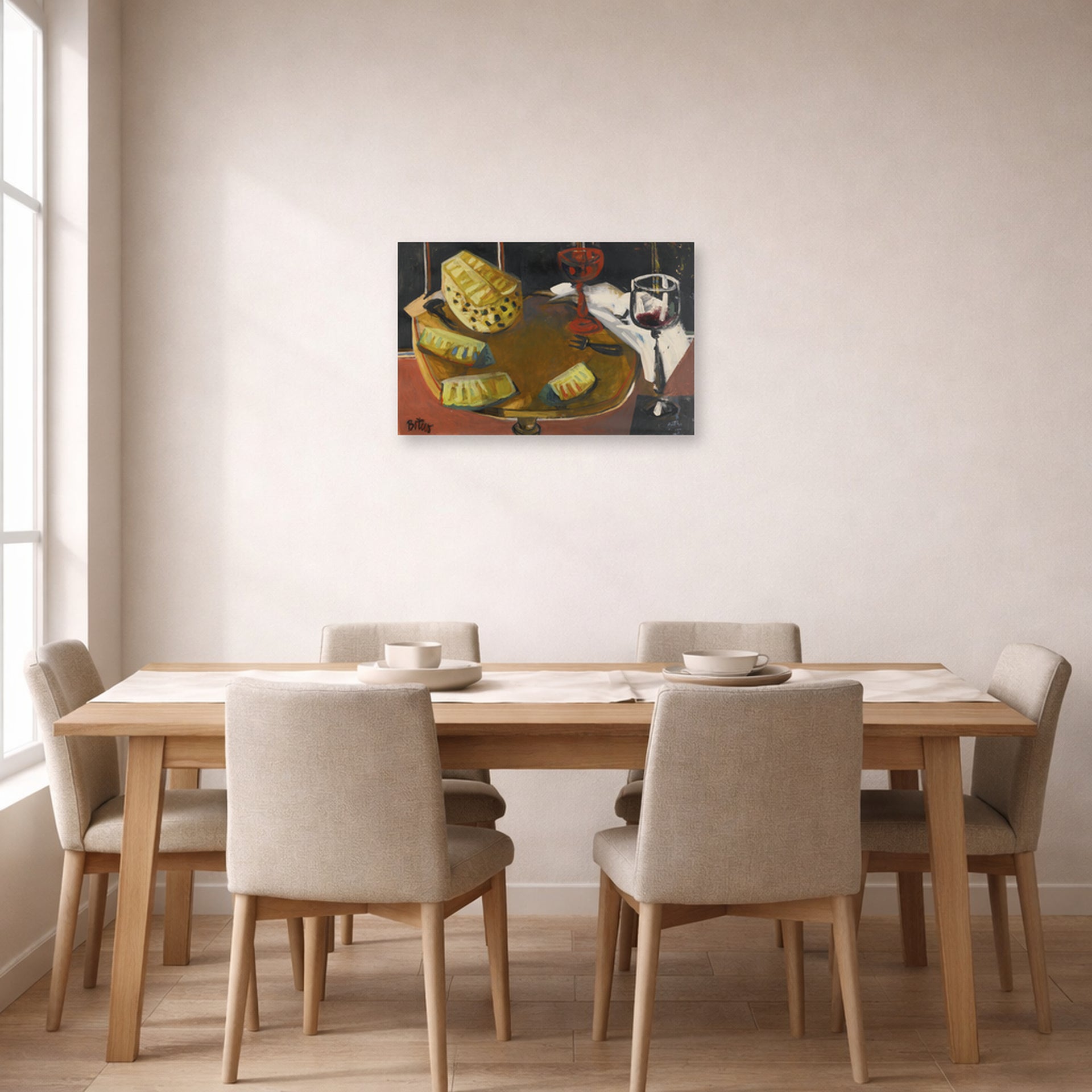 Unframed poster print of Fernando Botero's Composición Con Copa Y Piña displayed on a wall in a dining room