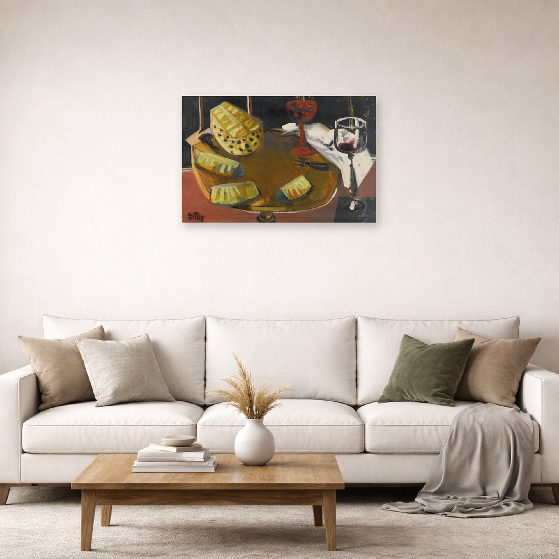 Unframed poster print of Fernando Botero's Composición Con Copa Y Piña displayed on a wall in a living room