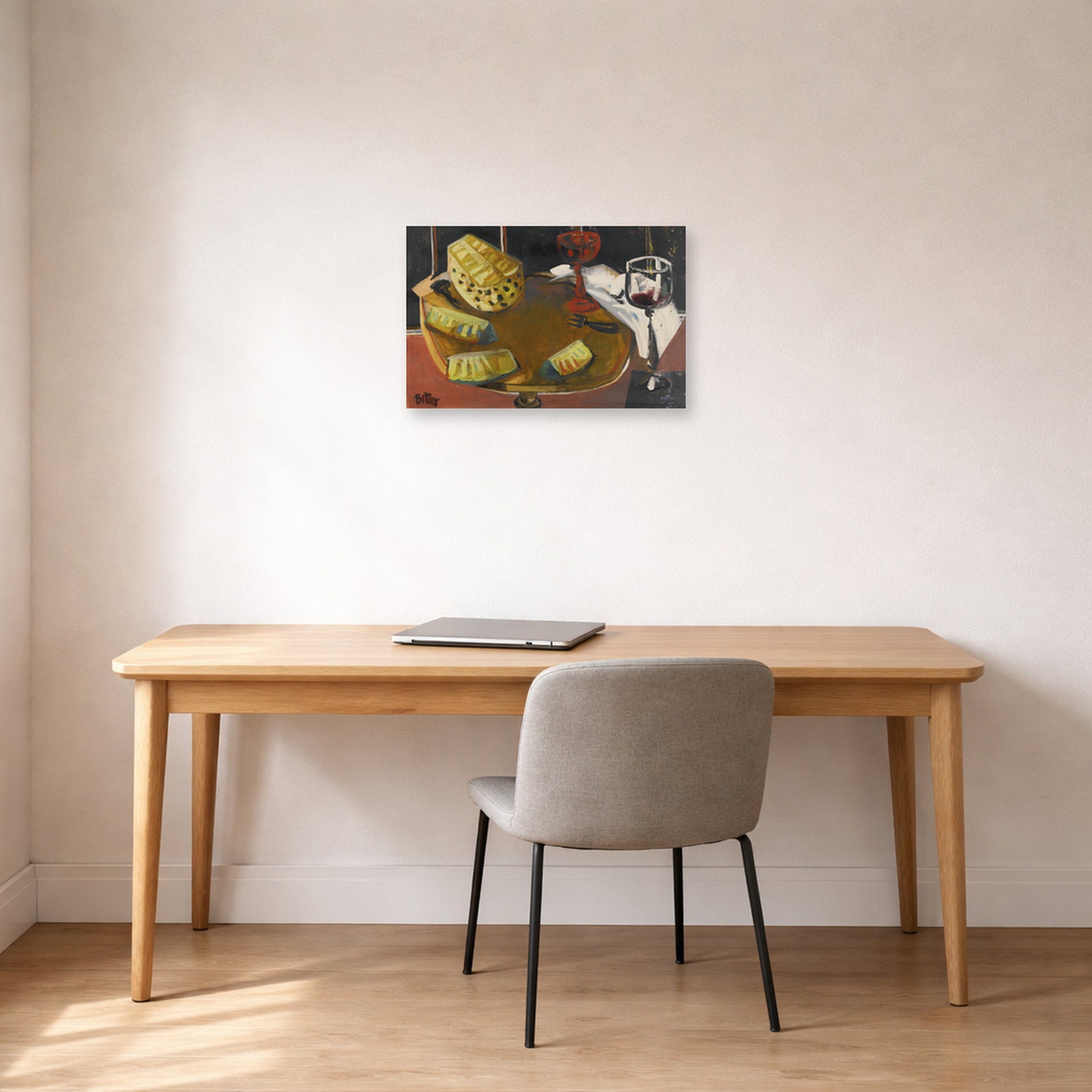 Unframed poster print of Fernando Botero's Composición Con Copa Y Piña displayed on a wall in a home office