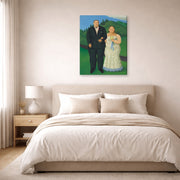 Gallery-wrapped canvas print of Fernando Botero's Country Wedding displayed on a wall in a bedroom