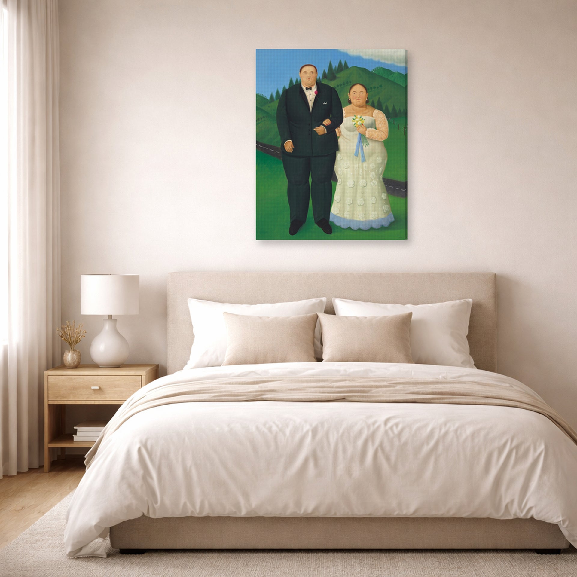Gallery-wrapped canvas print of Fernando Botero's Country Wedding displayed on a wall in a bedroom