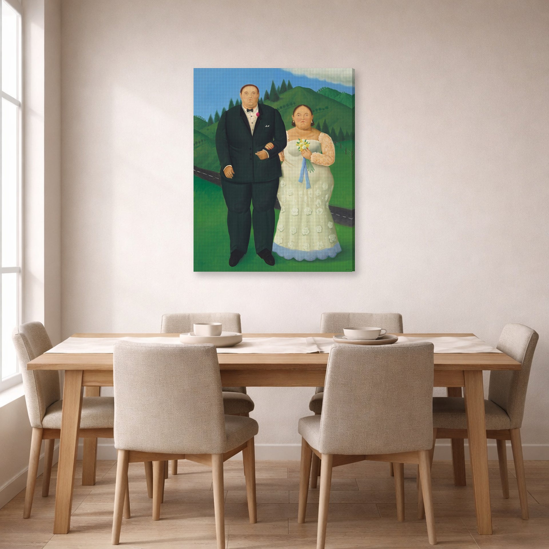 Gallery-wrapped canvas print of Fernando Botero's Country Wedding displayed on a wall in a dining room