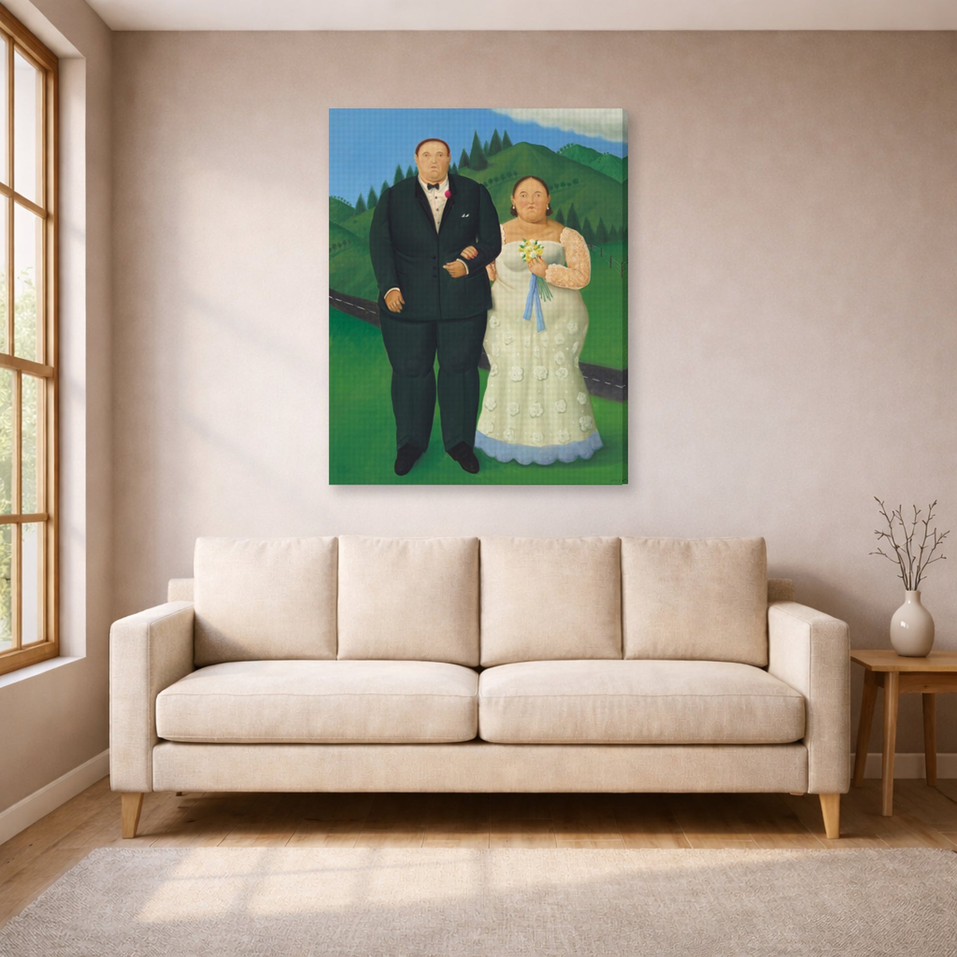Gallery-wrapped canvas print of Fernando Botero's Country Wedding displayed on a wall in a living room