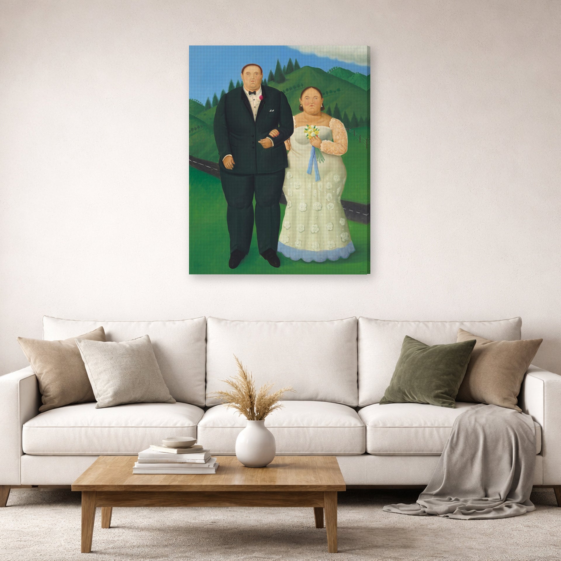 Gallery-wrapped canvas print of Fernando Botero's Country Wedding displayed on a wall in a living room