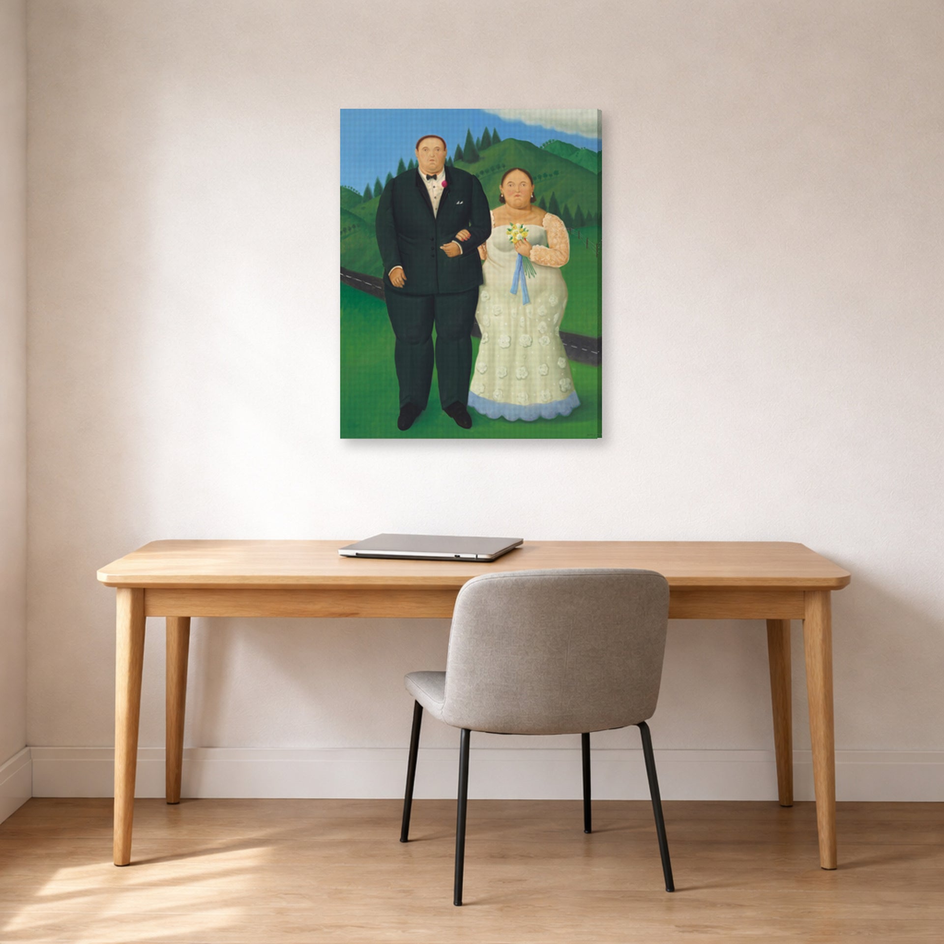 Gallery-wrapped canvas print of Fernando Botero's Country Wedding displayed on a wall in a home office