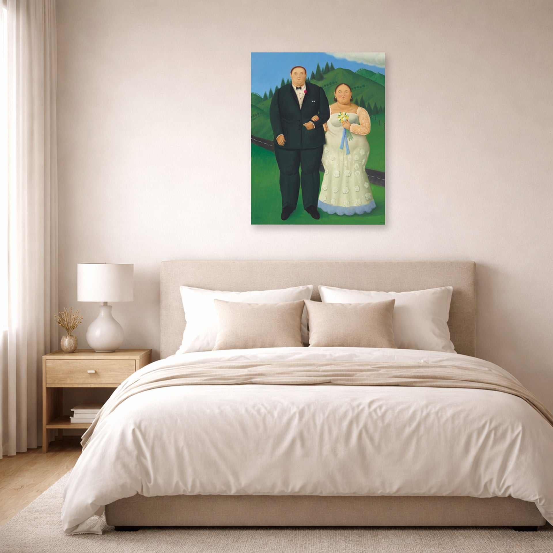 Unframed poster print of Fernando Botero's Country Wedding displayed on a wall in a bedroom