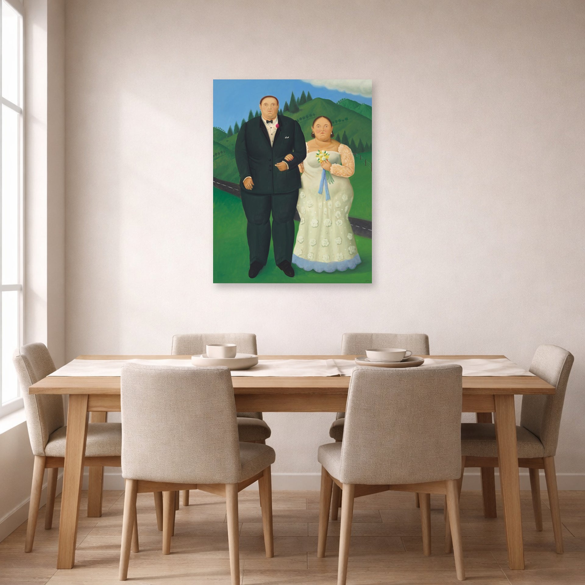 Unframed poster print of Fernando Botero's Country Wedding displayed on a wall in a dining room
