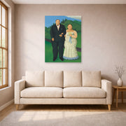 Unframed poster print of Fernando Botero's Country Wedding displayed on a wall in a living room