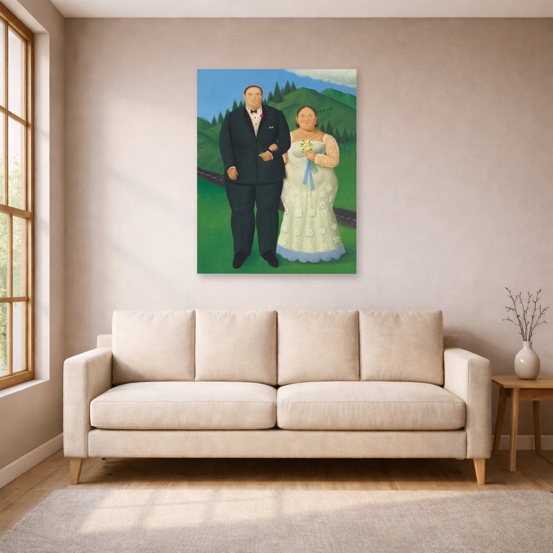 Unframed poster print of Fernando Botero's Country Wedding displayed on a wall in a living room