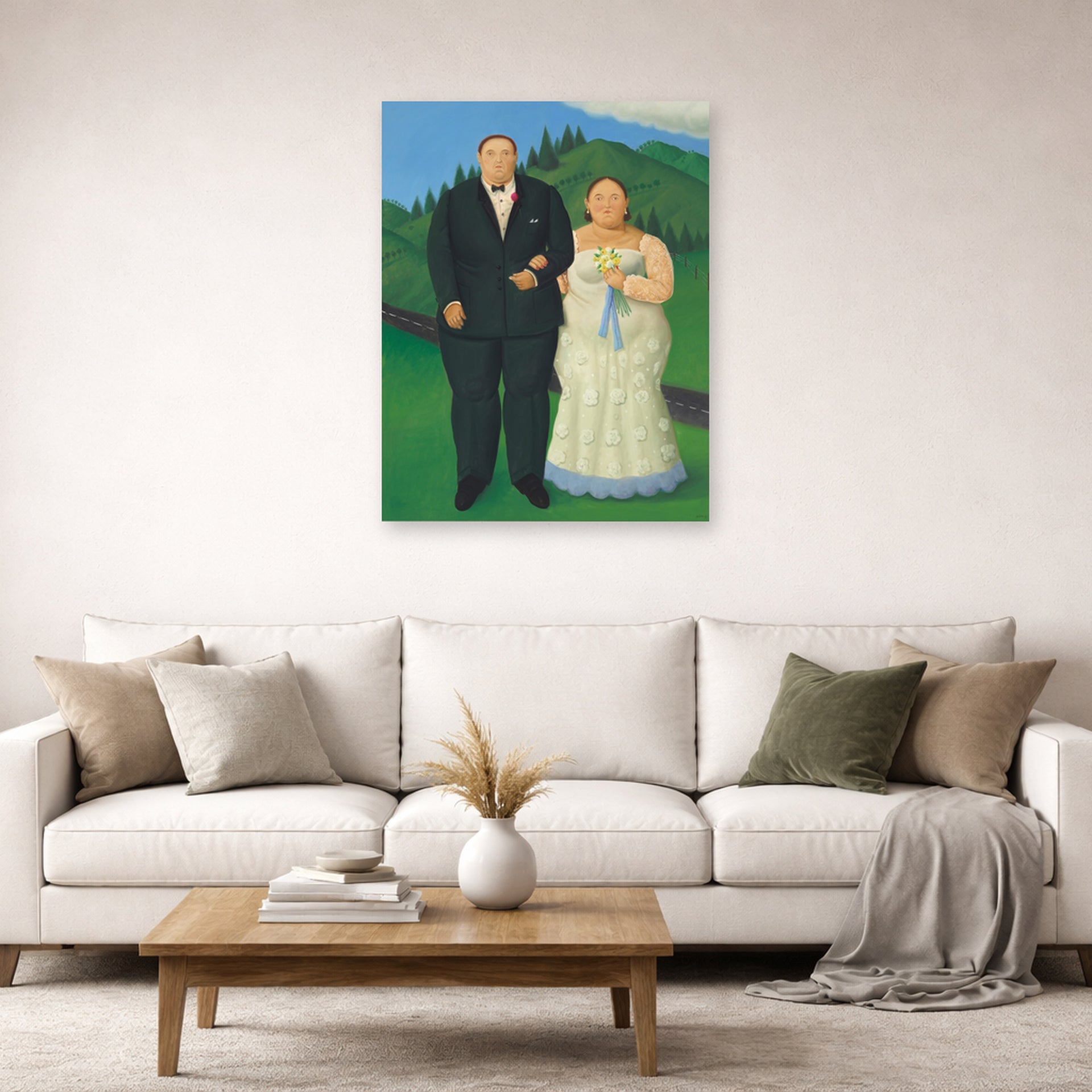 Unframed poster print of Fernando Botero's Country Wedding displayed on a wall in a living room